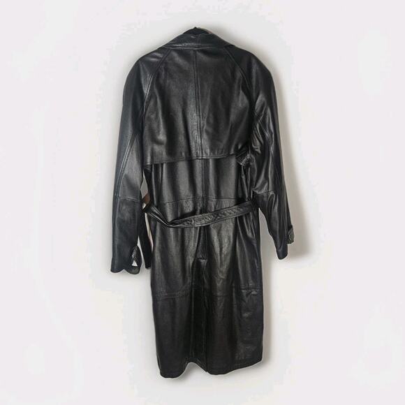 Vtg Baracuta Trench Coat Black Leather Collared Double Breasted Belt Lined Large - Picture 14 of 16